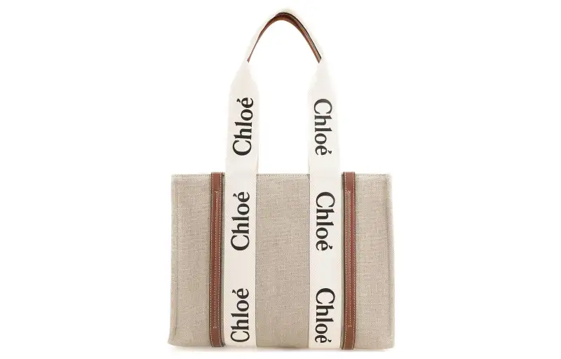 Chloé Woody Medium Logo Ribbon Tote Bag Handbag In Linen White/Brown