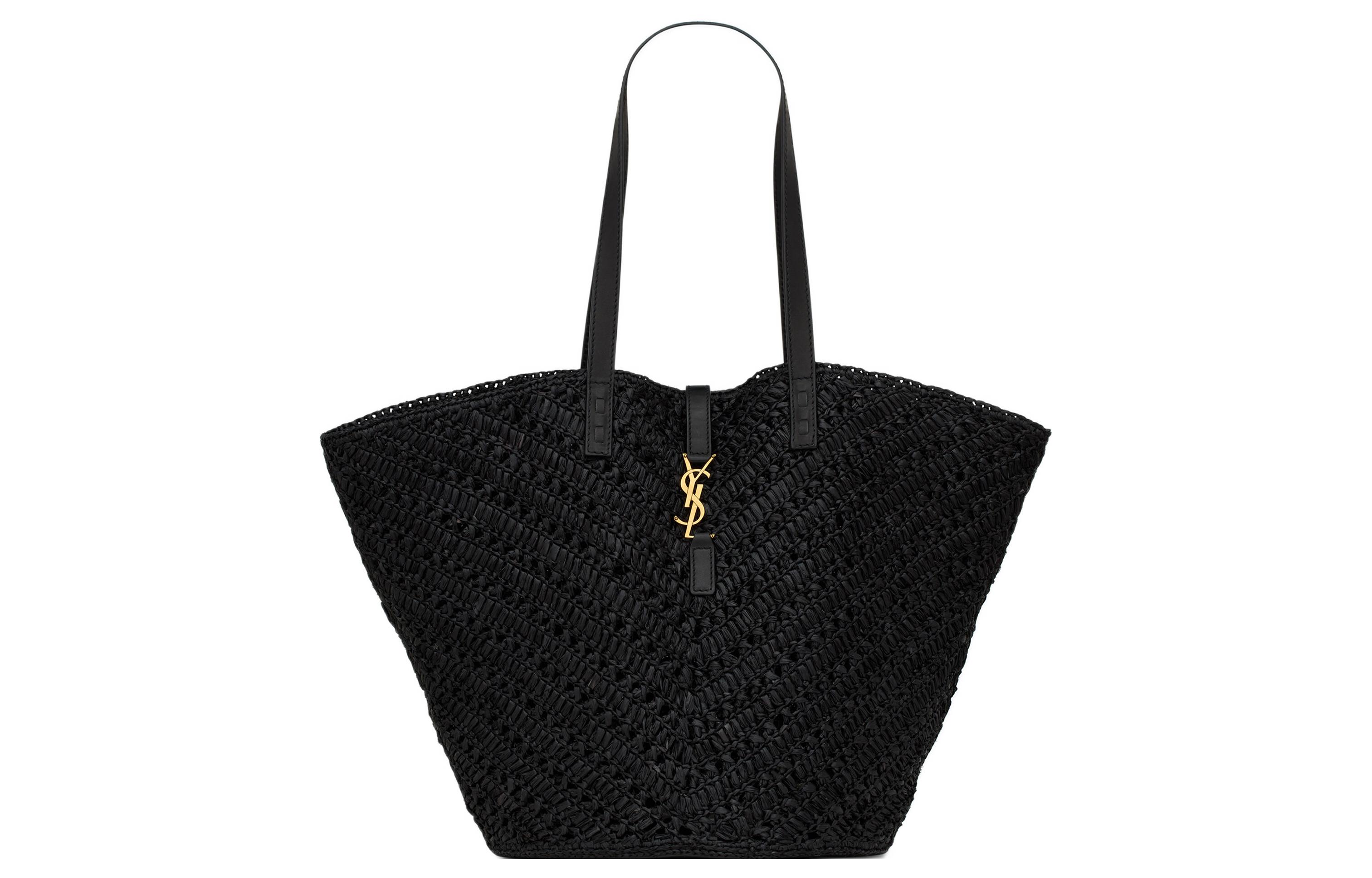 SAINT LAURENT Yves Saint Laurent YSL PANIER metal letter logo raffia and vegetable tanned leather handbag medium women's black
