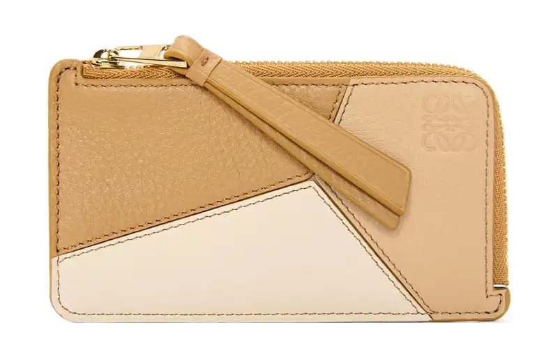LOEWE Puzzle Cow Leather Coin Card Holder Women's Gray Beige/Gold
