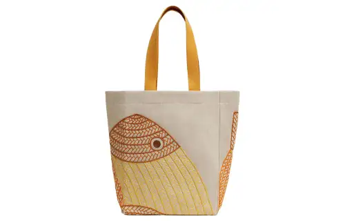 HERMES Poisson H Canvas Cotton Canvas Bag, Beach Bag, Handbag Women's Beige Yellow