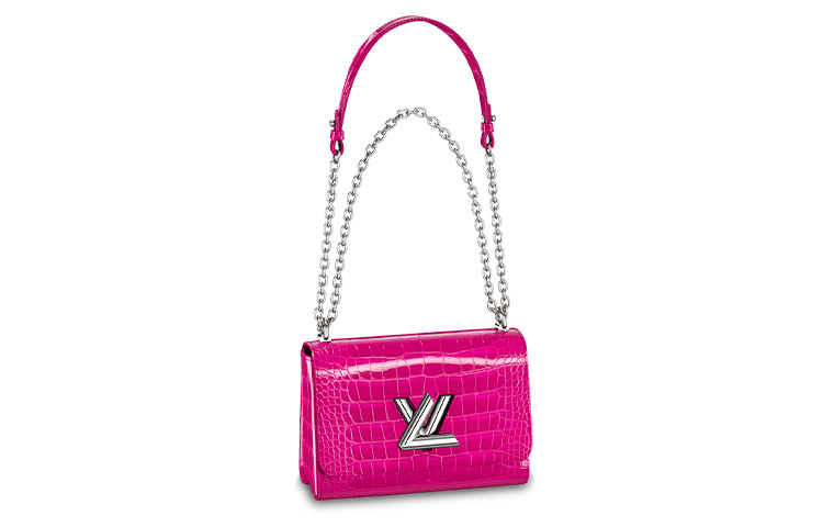 LOUIS VUITTON Twist MM metal logo sliding non-detachable chain strap crocodile leather shoulder crossbody bag medium women's purple