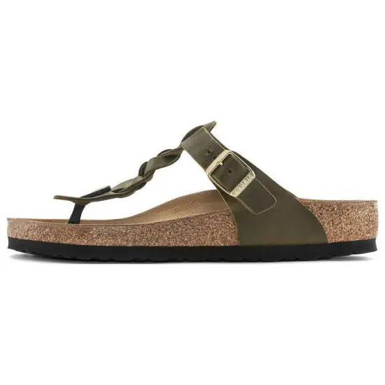 Birkenstock Gizeh Braided Oiled Leather Narrow Fit Sandals 'Olive Green' Women's