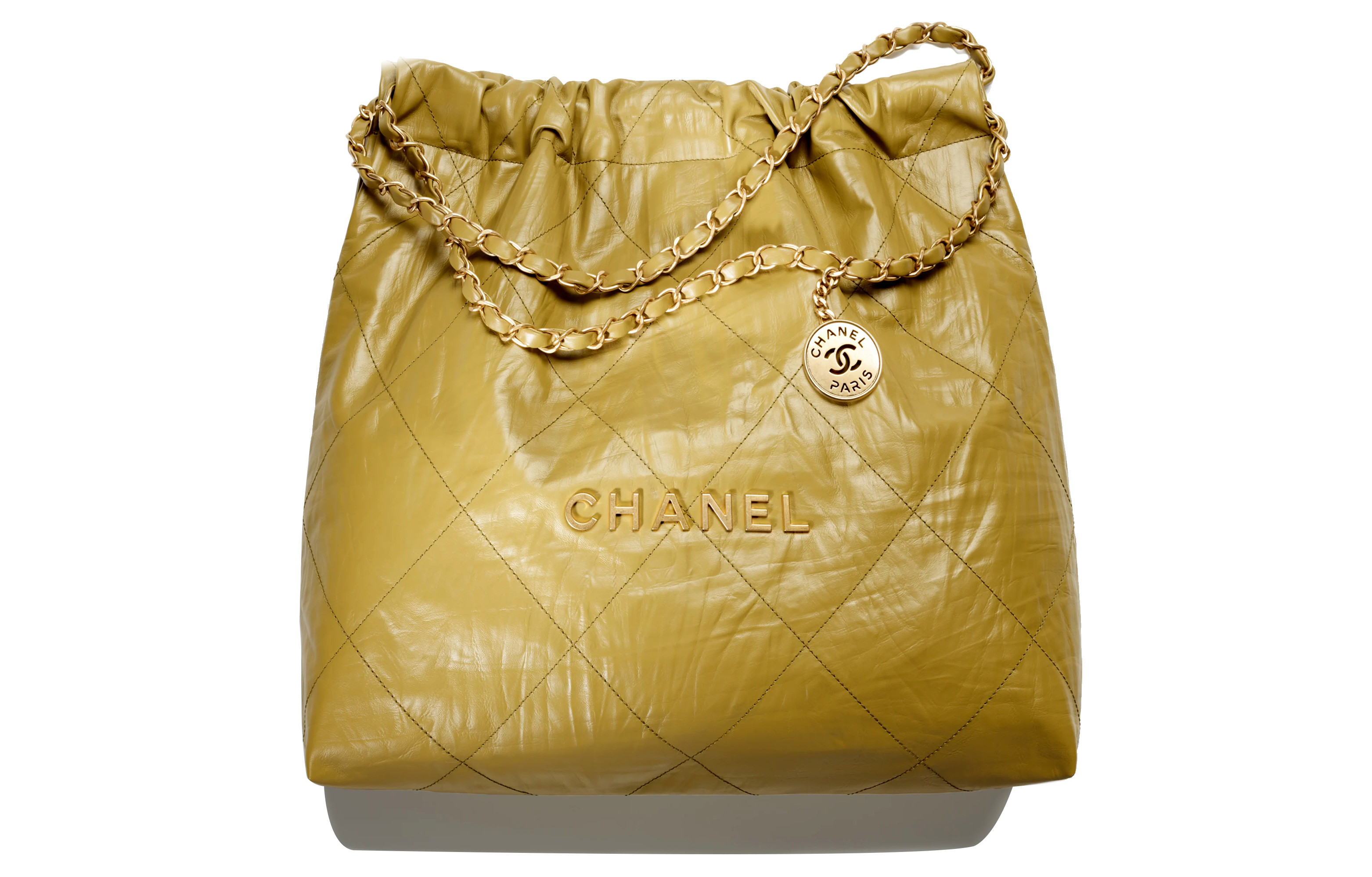 CHANEL 22Bag Wrinkled Cow Leather Bucket Bag, Handbag, Shoulder Bag Medium Women's Khaki Green