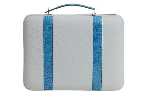 HERMES Taurillon Leather With Crocodile Leather Portable Briefcase Women's Gray & Blue