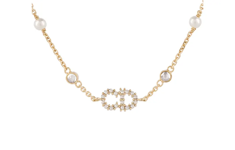 DIOR White Resin Bead Ornament And White Faux Crystal Decoration Bracelets Women's Gold