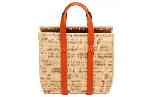 HERMES Woven Calfskin Wicker Tote Bag, Shopping Bag, Handbag Large Women's Natural & Orange