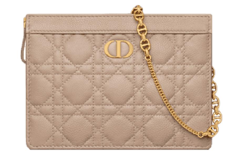 DIOR Caro Wicker Pattern Quilting Calfskin One Shoulder Crossbody Chain Bag Clutch Women's Hazelnut