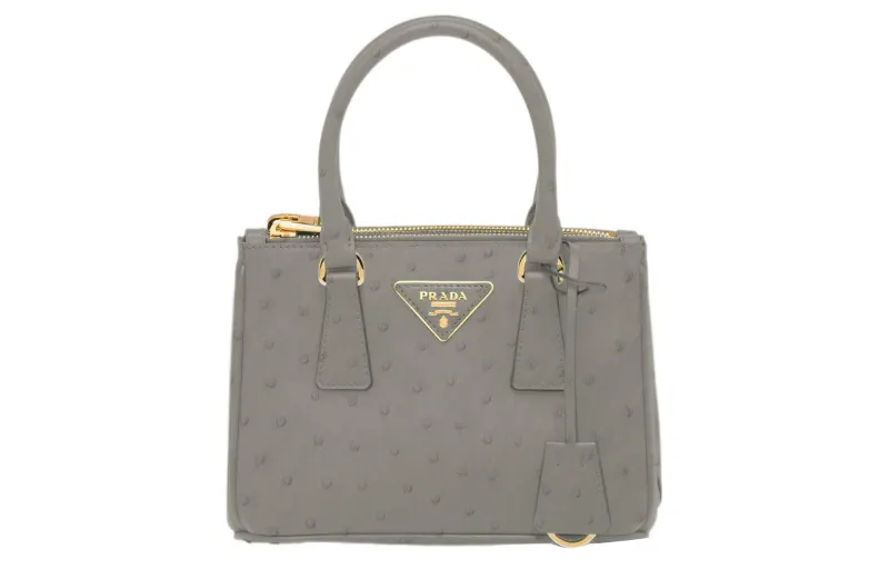 PRADA Galleria Killer Bag Ostrich Leather Shoulder Bag, Crossbody Bag, Handbag Mini Women's Light Gray