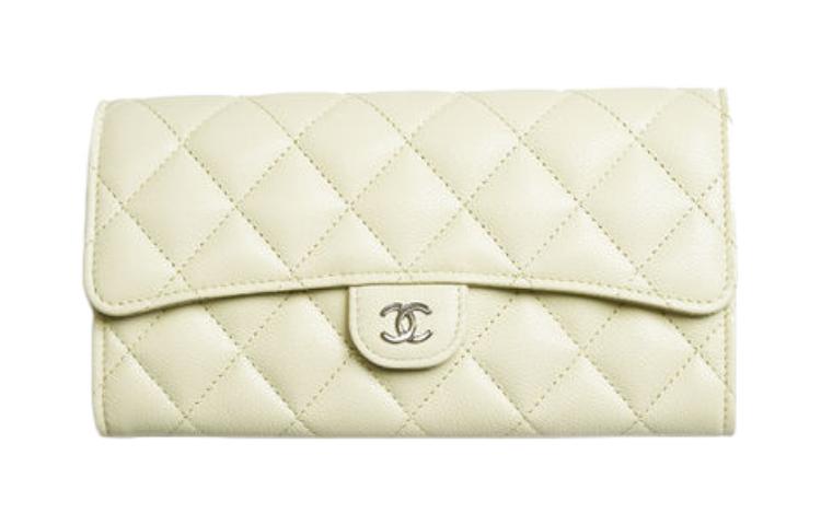 CHANEL 23P SS Shiny Grain Calfskin & Gold Metal Card Holder, Wallet Women's Light Yellow