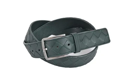 Bottega Veneta Woven Design Smooth Buckle Leather Metal Leather Belts Men's Green Width 3.5cm