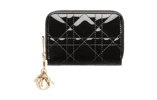 DIOR Lady Dior Patent Leather, Cow Leather Wallet Small Women's Black