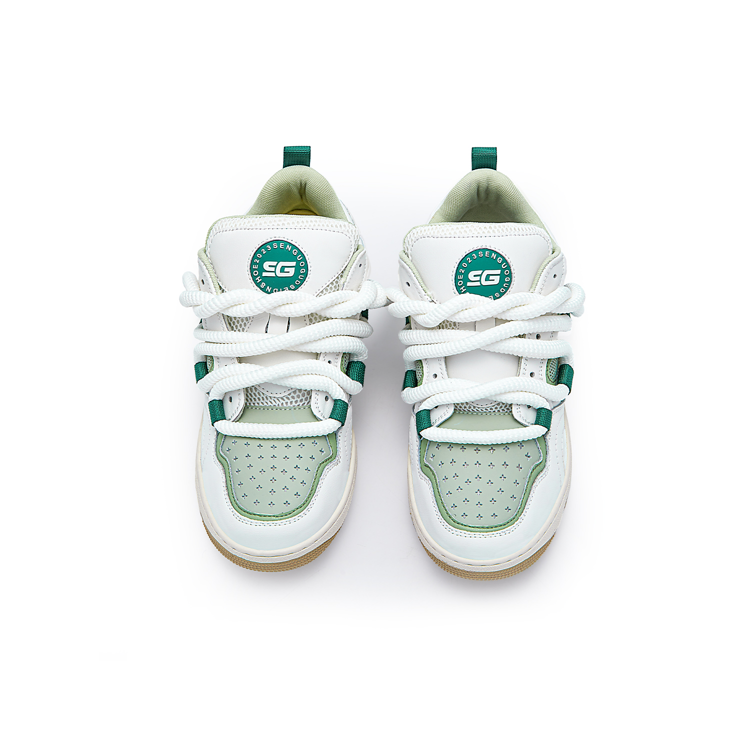 SENGUOGUO Cow Split Leather Low top Skateboard Shoes Unisex White Green