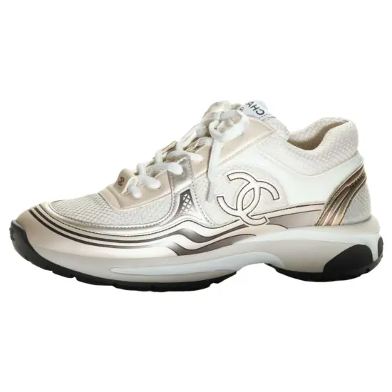CHANEL Low Top Casual Shoes Men's White Silver