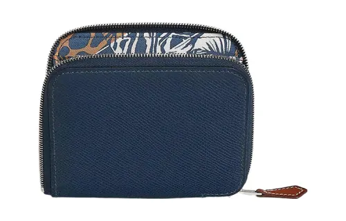 HERMES Silk'In Palladium plated Metal Epsom With Barenia Calfskin Wallet Women's Prussian Blue