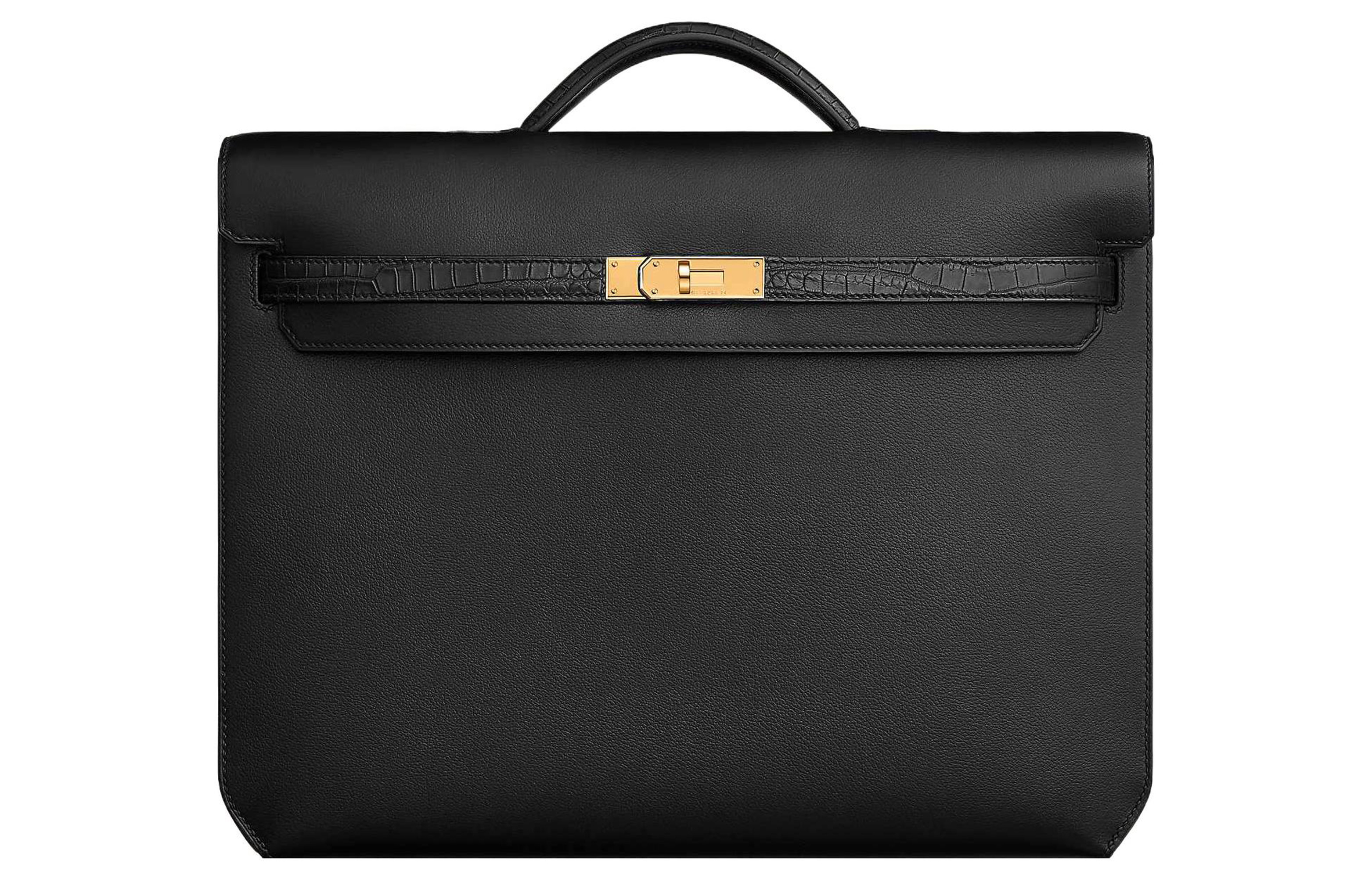 HERMES Kelly Depeches Evergrain Calfskin With Matte Porosus Crocodile Leather Portable Briefcase Men's Black