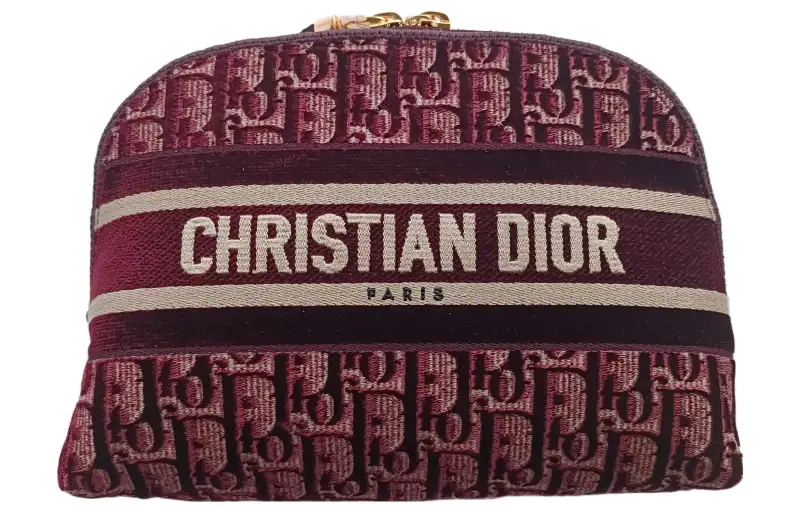 DIOR Zip Closure Velvet Oblique Surface Makeup Bag Clutch Women's Burgundy