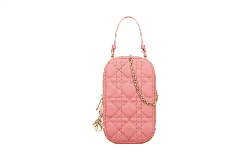 DIOR Lady Dior Sheepskin Portable One Shoulder Crossbody Cell Phone Pouch Women's Light Pink