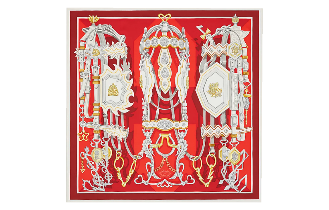 HERMES Patterned Print Reins And Destiny Square Scarf Unisex Red