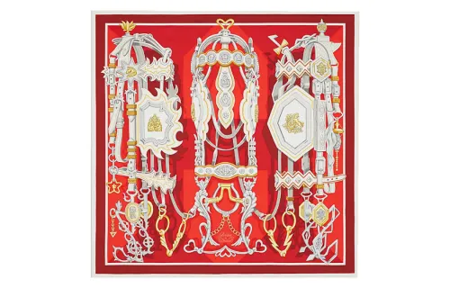 HERMES Patterned Print Reins And Destiny Square Scarf Unisex Red