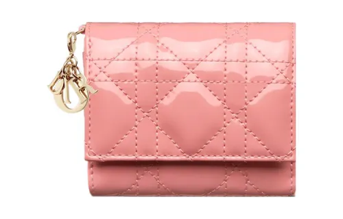 DIOR Lady Dior Patent Leather Calfskin Wallet Women's Light Pink