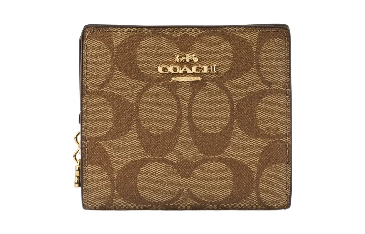 COACH Snap Wallet Coated Canvas With Leather Short Bifold Card Holder, Wallet Women's Tan Monogram