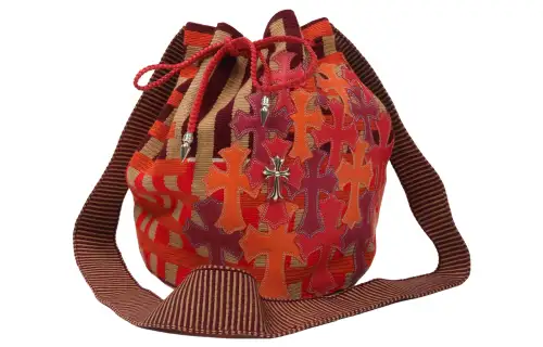 Chrome Hearts Straw Woven With Leather Bucket Bags Crossbody Bag, Shoulder Bag Large Women's Red/Brown