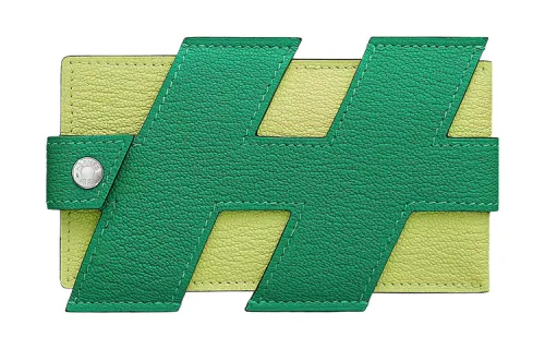 HERMES H Tag Silver Tone Buckle Mysore Goat Skin Card Holder Women's Mint Green & Bud Green