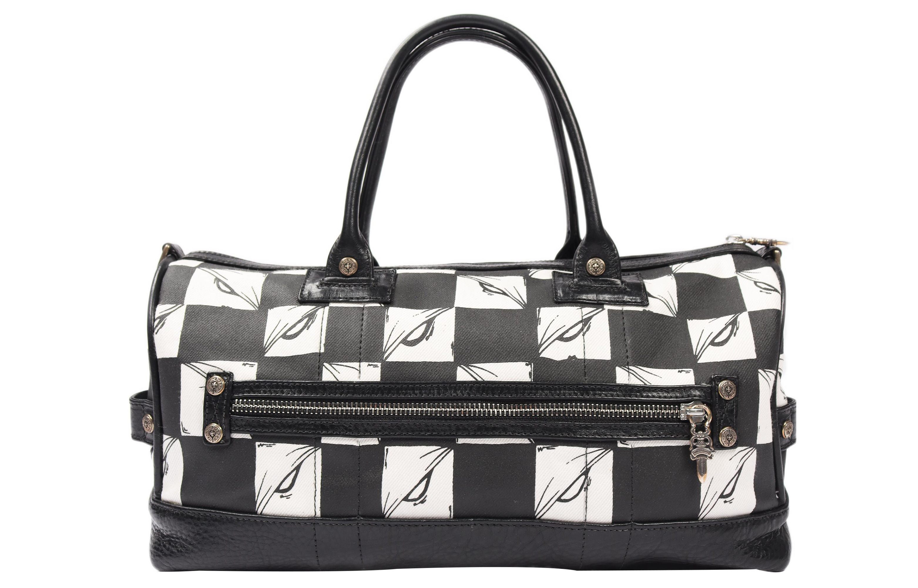 Chrome Hearts Zip Closure Leather With Cotton Bucket Bag Handbag Women's Black/White