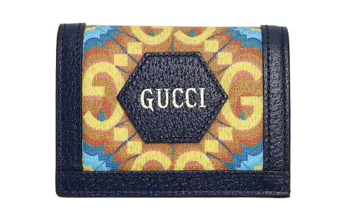 GUCCI Cow Leather Wallet, Card Holder Women's Black/Orange/Blue