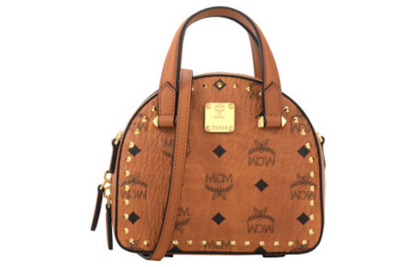 MCM Essential Visetos Origina Rivet Decorated Presbyopia Leather Half Moon Bag Shoulder Crossbody Handbag Mini Women Brown Cognac
