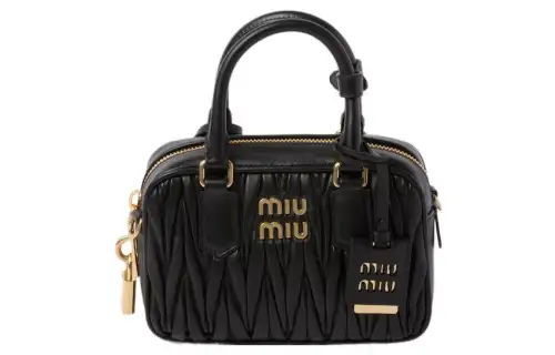 MIU MIU Arcadie Collection Matelassé Soft Sheep Leather Handbag Women's Black