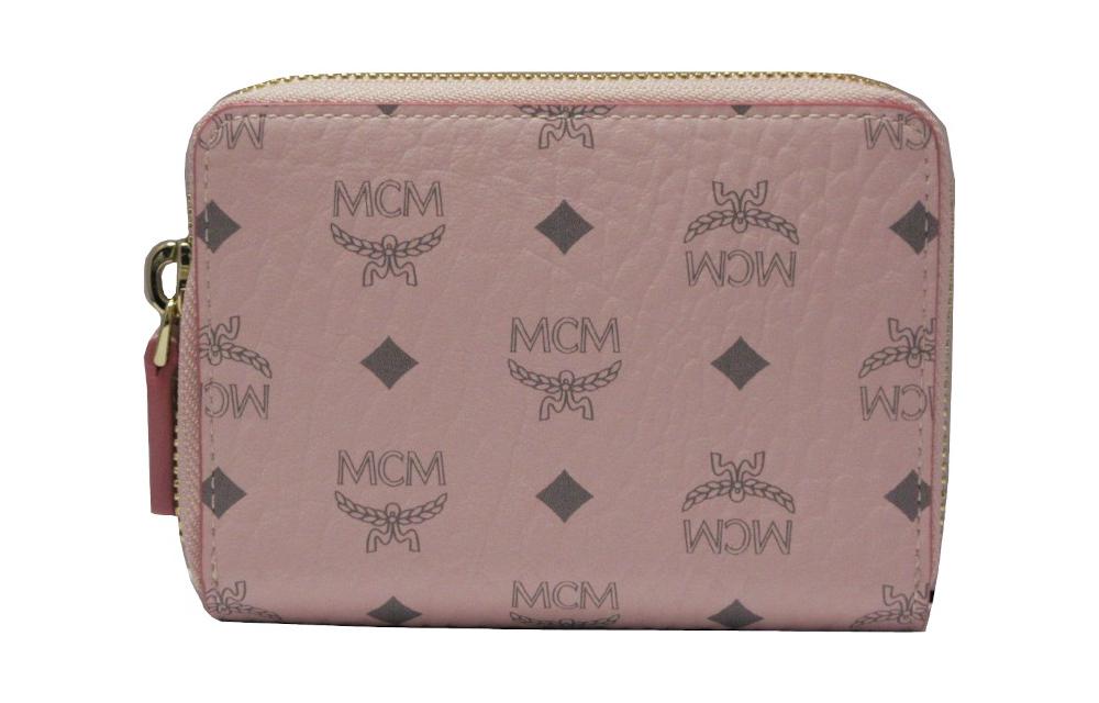 MCM Essential Visetos Origina brand logo printed zipper closure leather card holder mini women's pink presbyopia