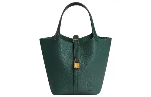 HERMES Picotin Lock Clemence Bullock Leather Basket Bag, Bucket Bag, Handbag 22 Women's 60 Vert Cypress Green