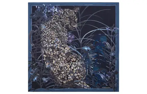 FERRAGAMO Leopard Print Thin Soft Silk Scarf Women's Blue