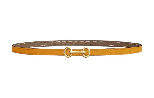 HERMES Double Sided Gold Plated, Metal, Calfskin Leather Belts Women's Yellow Width 1.3cm