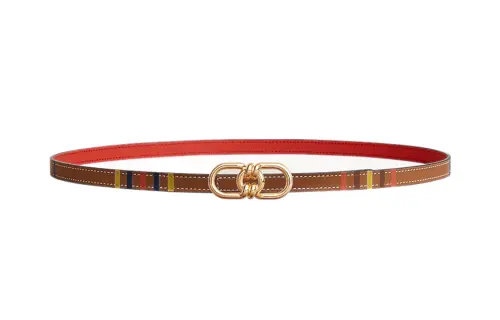 HERMES Patterned Print Swift And Epsom Calfskin Leather Belts Women's Striped Gold/Orange Red Width 1.3cm