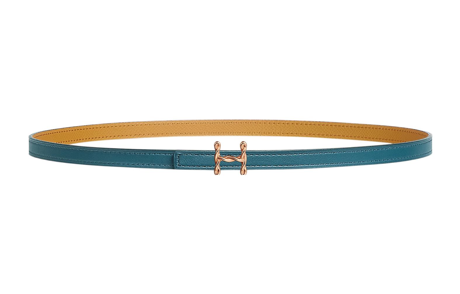 HERMES H Letter Torsade Smooth Buckle & Double Sided Calfskin Leather Belts Women's Denim Blue/Cookie Width 1.3cm