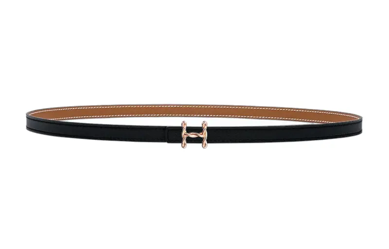 HERMES H Torsade Calfskin Leather Belts Women's Black/Gold Width 1.3cm