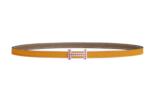 HERMES Palladium Plated Metal With Calfskin Leather Belts Women's Yellow/Gray Width 1.3cm