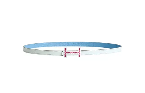 HERMES Double sided Medor Palladium Plated Metal With Calfskin Leather Belts Women's Dusty Blue/Sky Blue Width 1.3cm