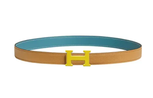 HERMES Classic Logo Yellow Smooth Buckle Calfskin Double Sided Leather Belts Women's Brown 2.4cm