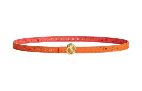 HERMES Calfskin, Gold Plated, Metal Leather Belts Women's Orange Width 1.3cm