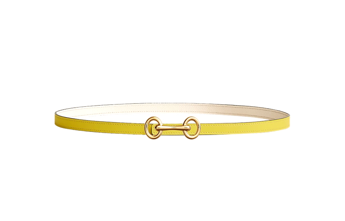 HERMES Double sided Heritage Gold Plated, Metal, Calfskin Leather Belts Women's Lime/Cream White Width 1.3cm