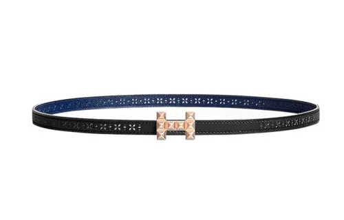 HERMES Medor & Swift And Perforated Epsom Calfskin Leather Belts Women's Black/Sapphire Blue Width 1.3cm