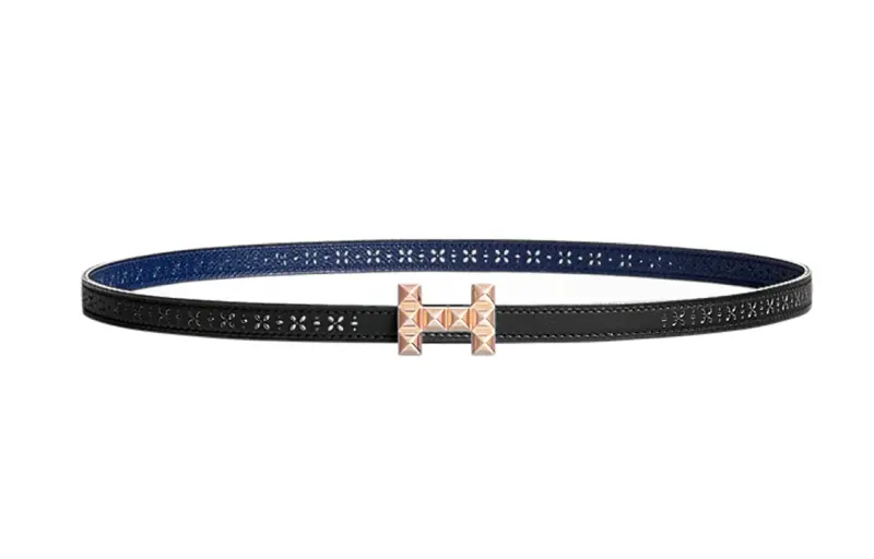 HERMES Medor & Swift And Perforated Epsom Calfskin Leather Belts Women's Black/Sapphire Blue Width 1.3cm
