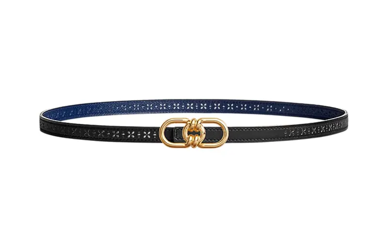 HERMES Calfskin Leather Belts Women's Black Width 1.3cm