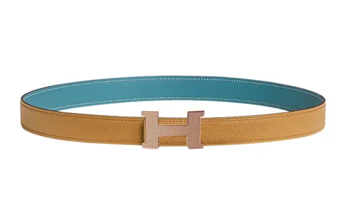 HERMES Calfskin Leather Belts Women's Denim Blue/Cookie Width 2.4cm