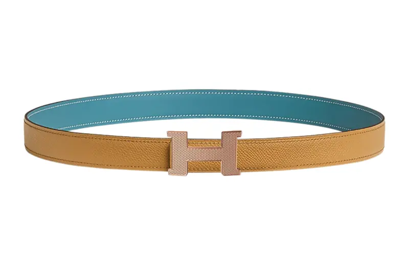 HERMES Calfskin Leather Belts Women's Denim Blue/Cookie Width 2.4cm