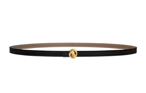HERMES Twisted Knot Buckle, Gold Smooth Buckle Calfskin Double Sided Leather Belts Women's Black 1.3cm