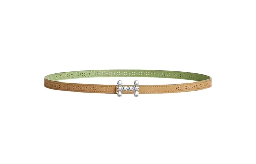 HERMES Bubble Metal, Palladium Plated Calfskin Leather Belts Women's Width 1.3cm
